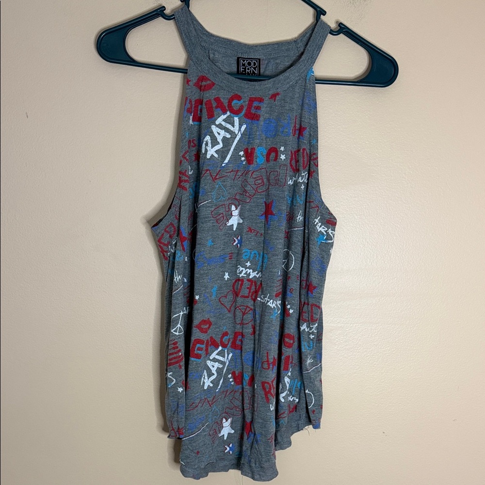 Modern Lux Gray Graphic Tank with Red and Blue Accents